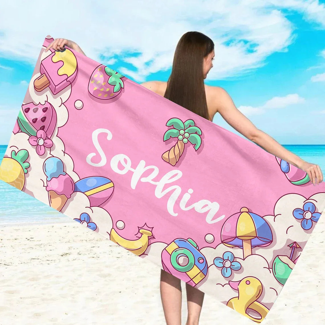 serviette plage microfibre rapide absorption dessin animé fruits palmiers coloré moderne enfants pâques rose