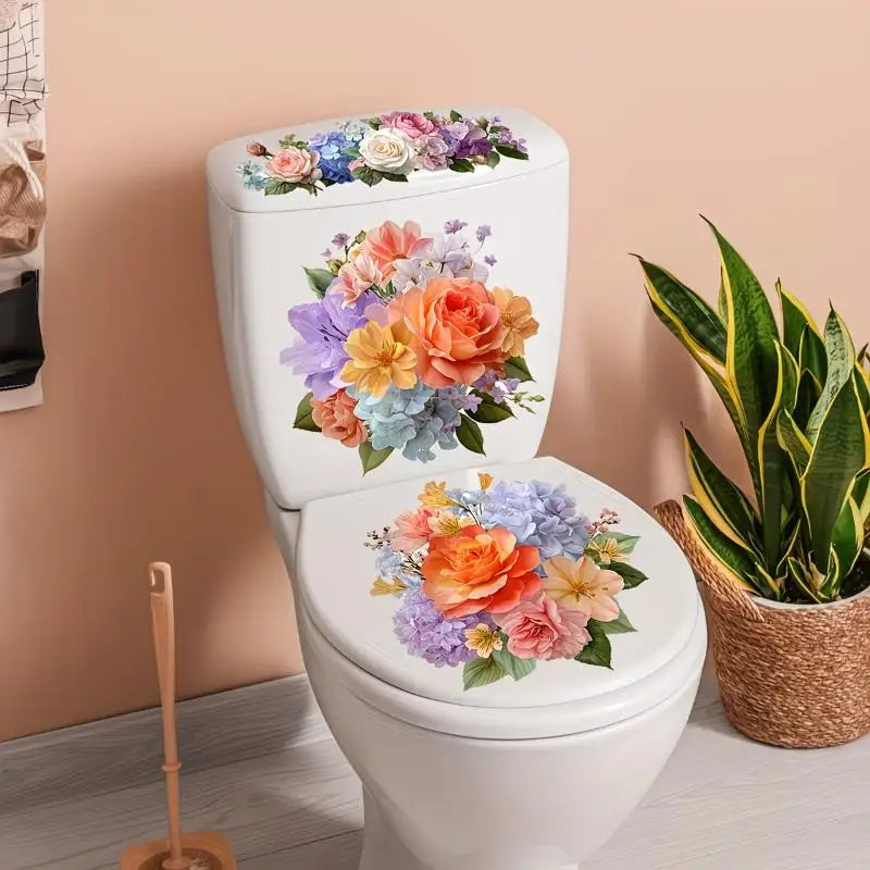 cache wc adhésif moderne fleurs colorées tulipes roses pivoines blanc amovible salle bain décoration