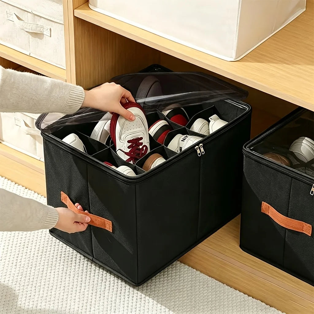 boîte rangement chaussures noire tissu non tissé moderne poignées orange 12 compartiments pliable