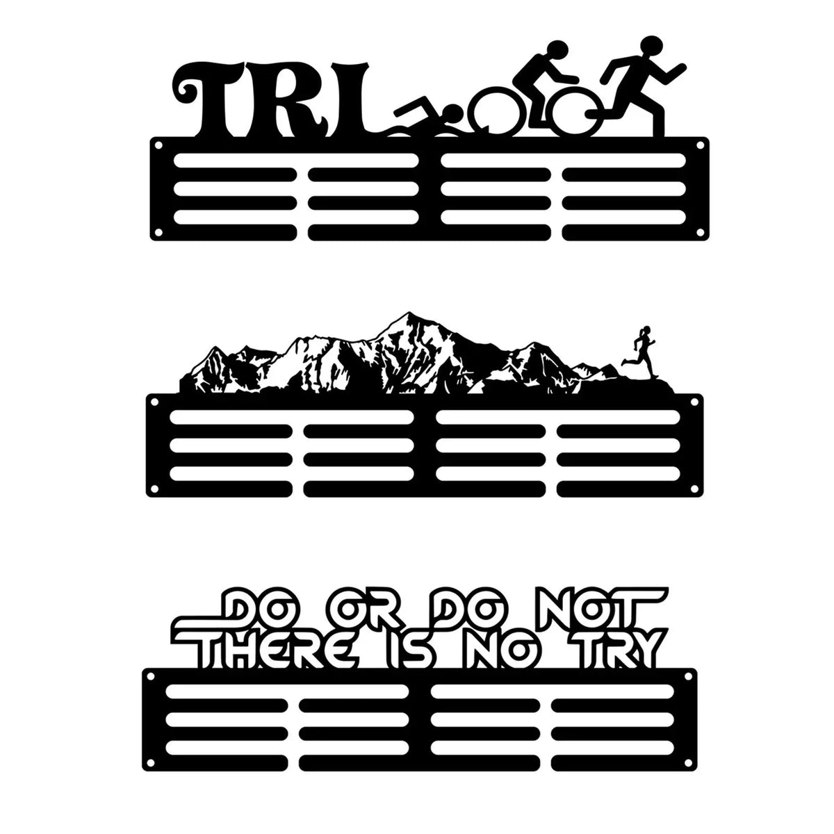 porte médailles rangement mural sportif découpes laser montagnes coureurs noir horizontal multiusage salon