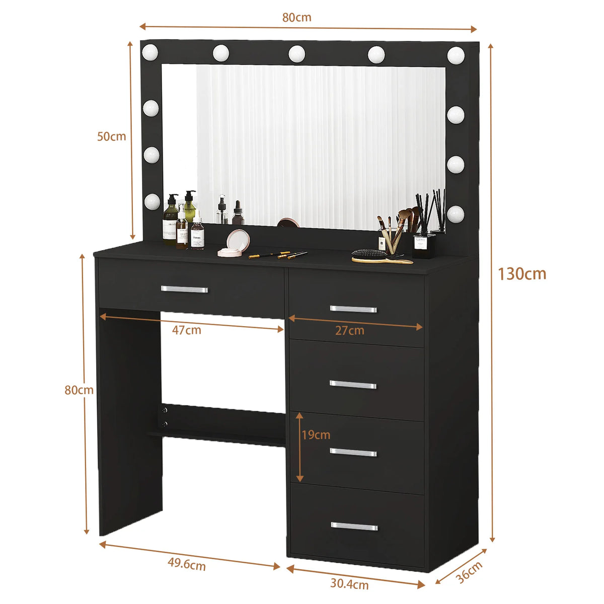 coiffeuse moderne miroir led noir rose décoration fleurs tiroirs poignées argentées