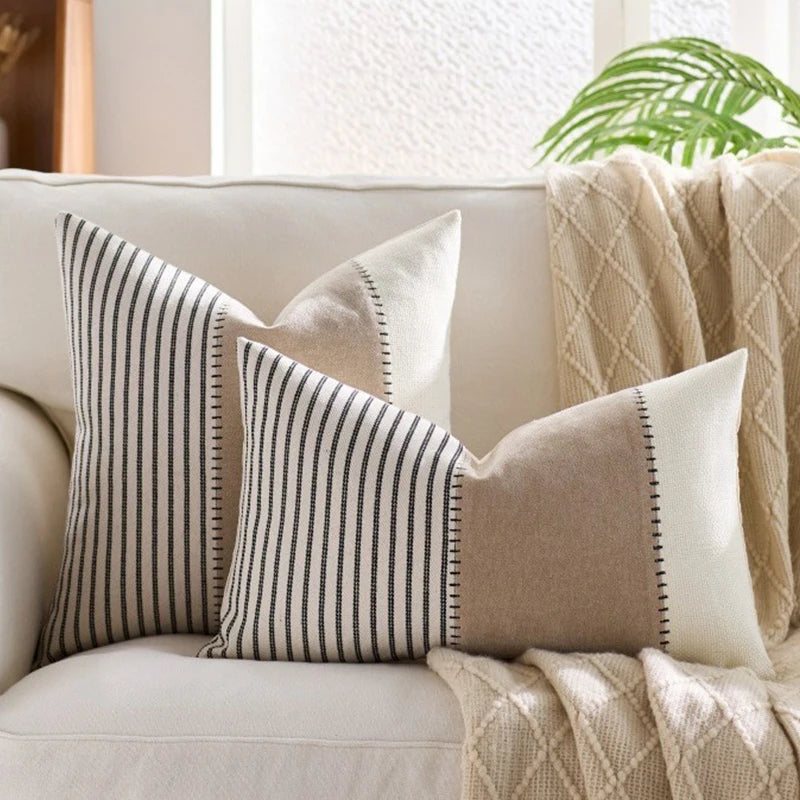 housse coussin décorative rustique rayures horizontales beige bleu marine rose clair polyester