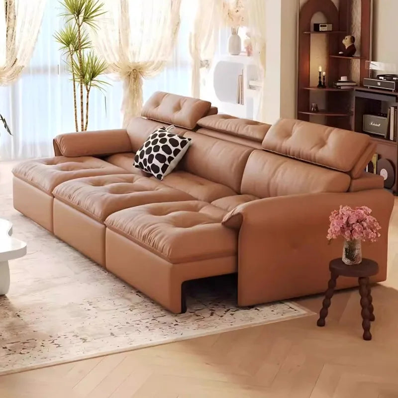 canapé d'angle simili cuir marron clair moderne 255cm longueur inclinable coussin décoratif