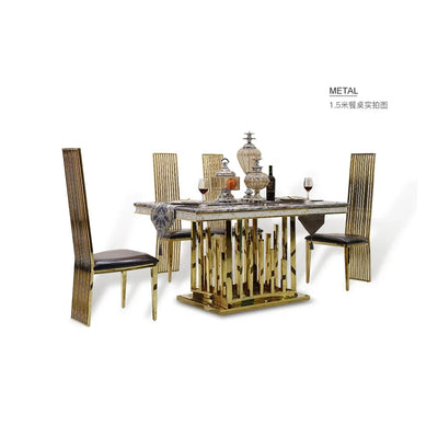ensemble salle manger moderne chaises hautes table marbre veiné cadre métal doré minimaliste