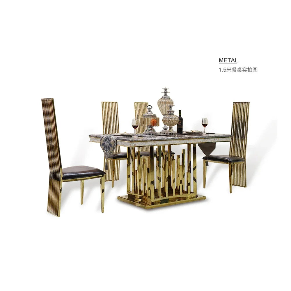 ensemble salle manger moderne chaises hautes table marbre veiné cadre métal doré minimaliste