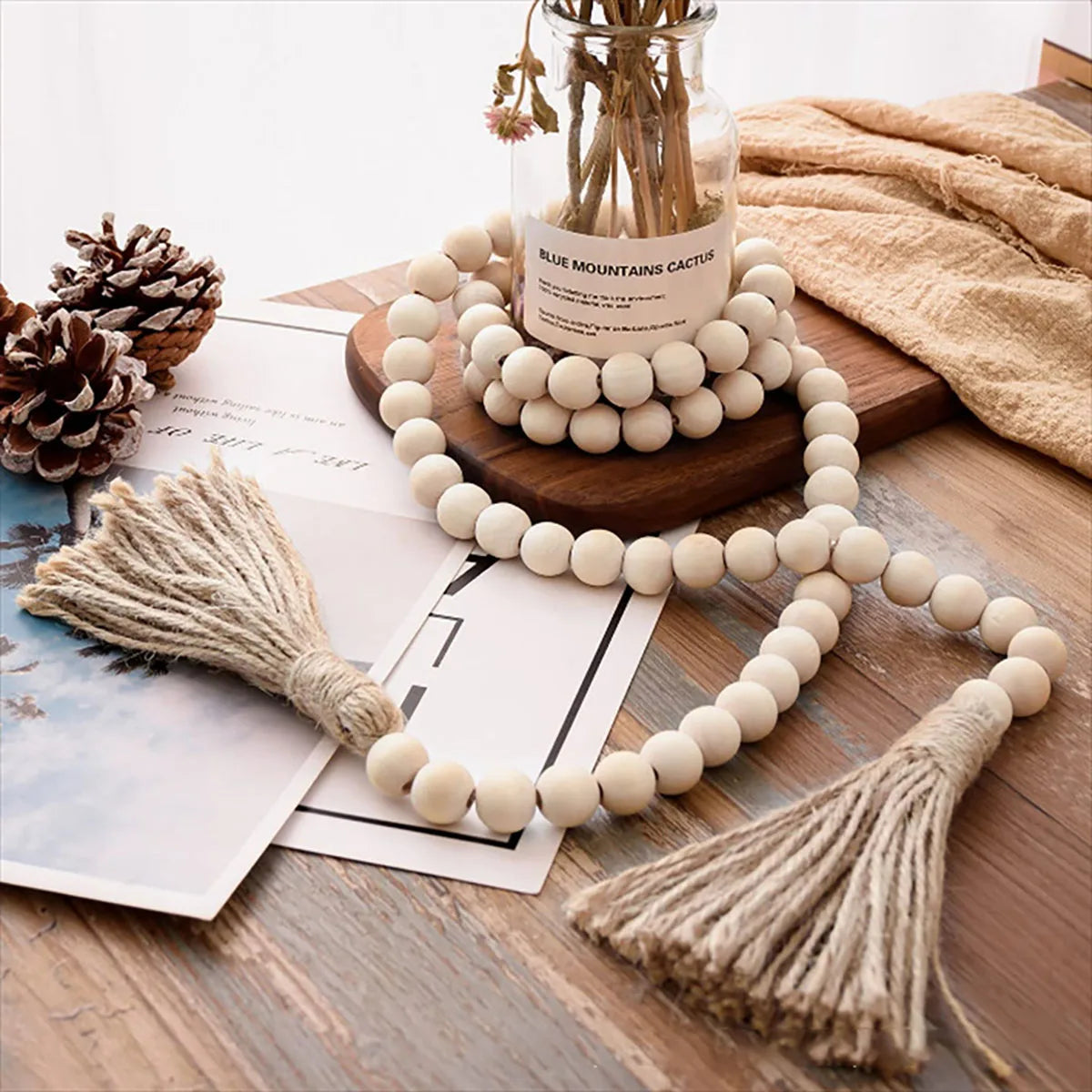 bracelet boho chic bois blanc franges coton beige