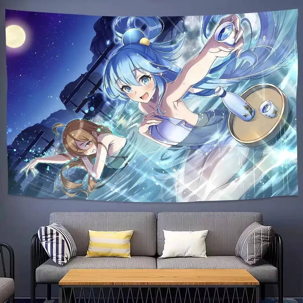 tapisserie anime personnages féminins rouge blanc bleu noir illustration japonais décoration murale chambre salon