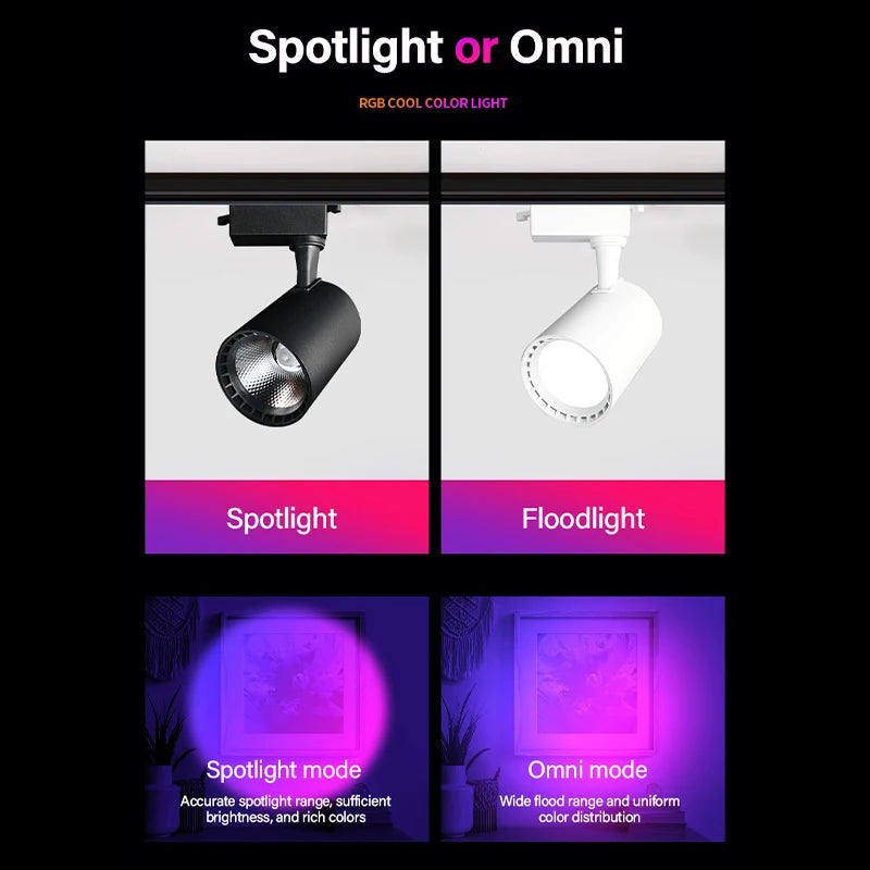 éclairage rail spot lumineux led noir blanc moderne télécommande 16 couleurs acier poli.gca