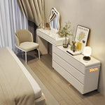 meuble coiffeuse bois blanc moderne tiroirs miroir tabouret lampe maquillage chambre