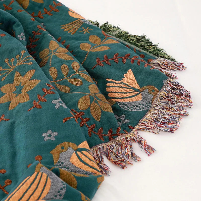 couverture coton fleur oiseaux vert beige marron gris portable anti boulochage hiver traditionnelle