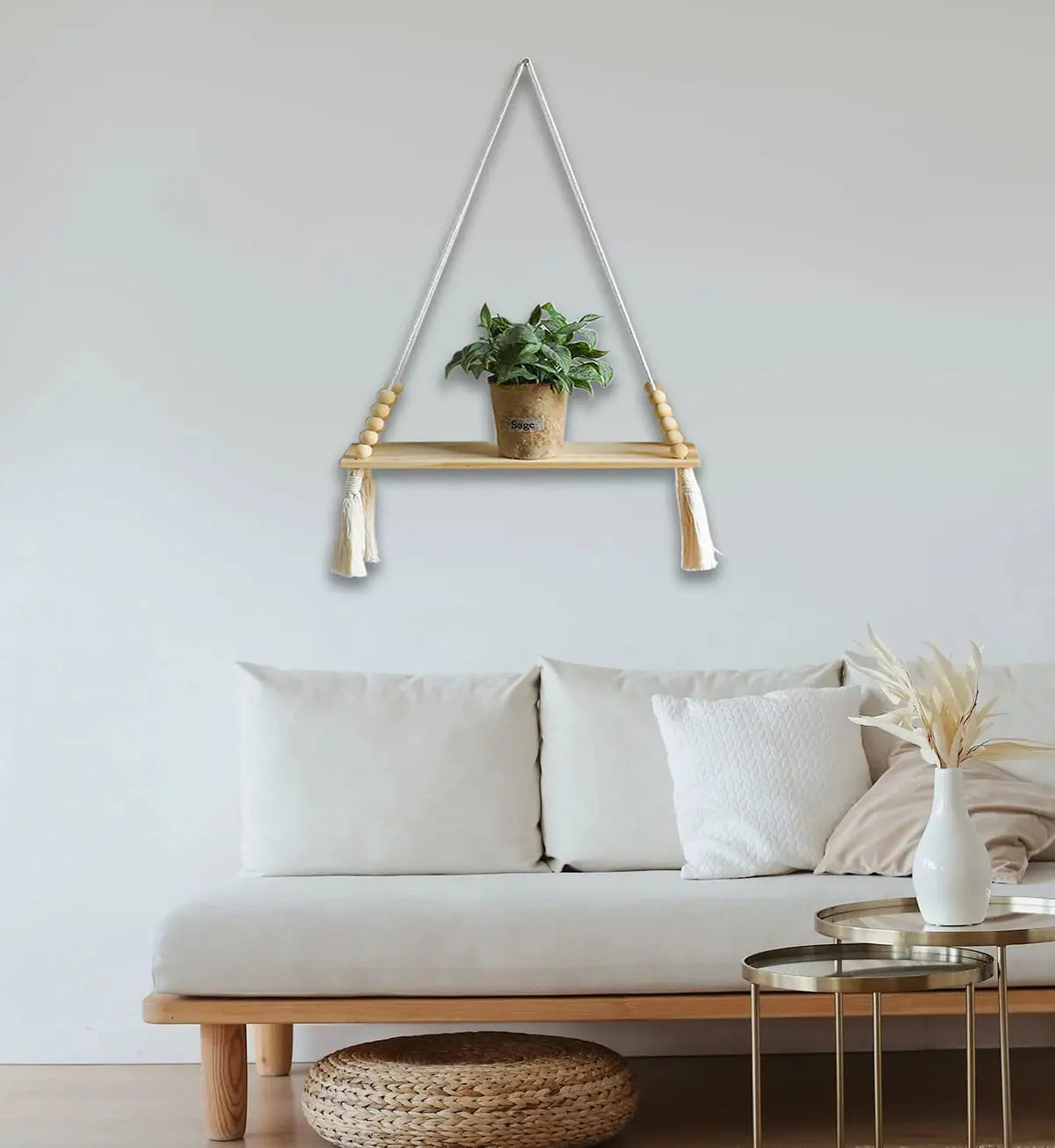 étagère murale suspendue macramé bois bois franges décoration boho chambre salon