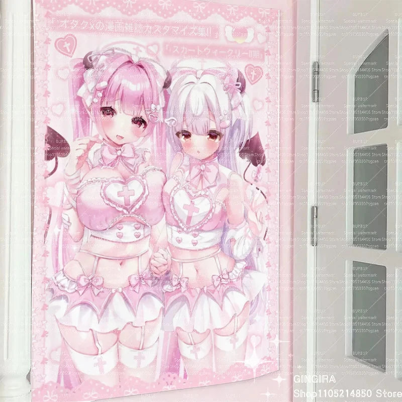 rideau rose imprimé personnages coeurs motifs floraux anime chambre salon decoration murale polyester machine