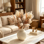bouquet fleurs séchées naturel rustique beige doré feuilles épis décoration intérieure vase blancextérieur exposition
