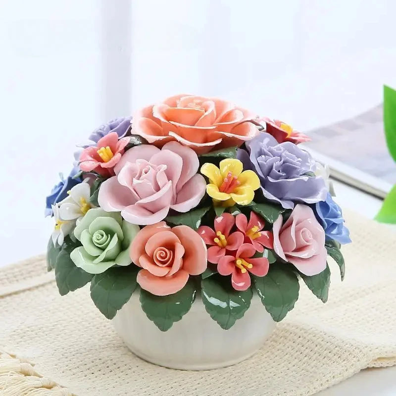 décoration intérieure bouquet artificiel fleurs céramique rose violet bleu blanc kawaii figurines ornement classique