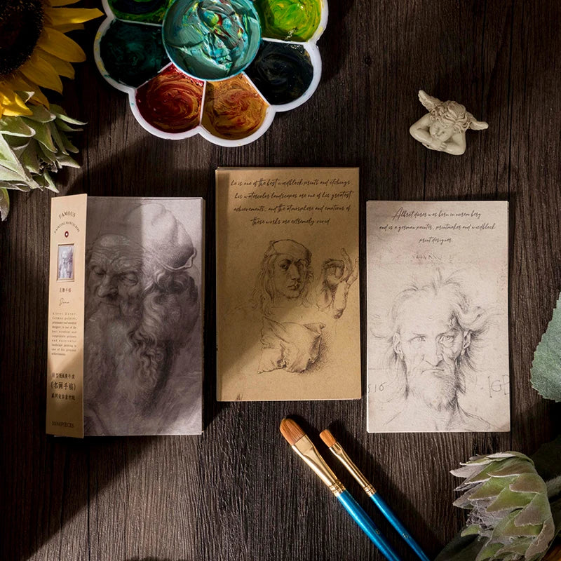 cartes postales artistes motifs monochromes dessins manuscrits peintres célèbres vintage lignes fines junk journal