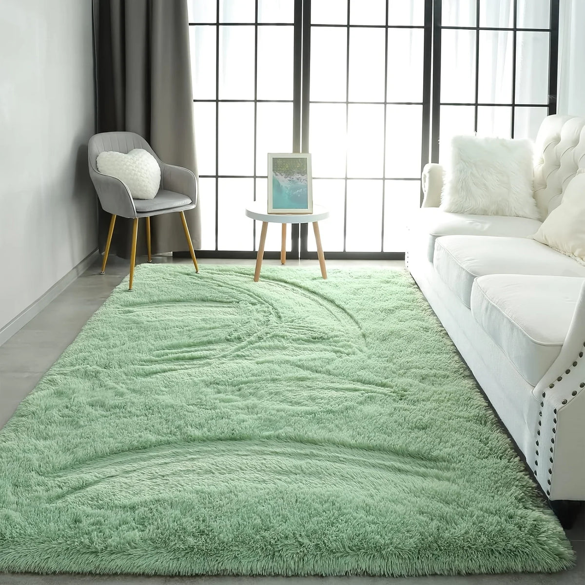 tapis vert pastel doux fourré moderne salon chambre décoration intérieure polyester peluche simple sage