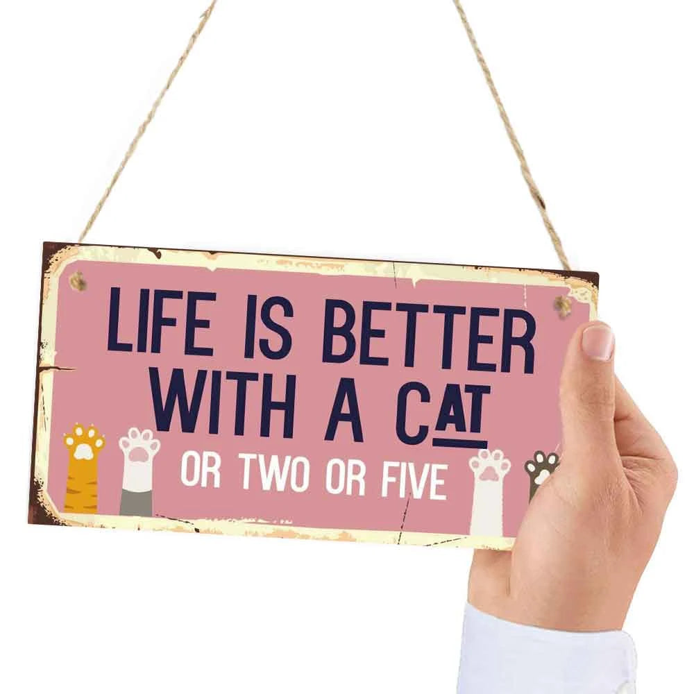 plaque décorative bois rose clair pattes chat vieilli texte humoristique suspension vintage
