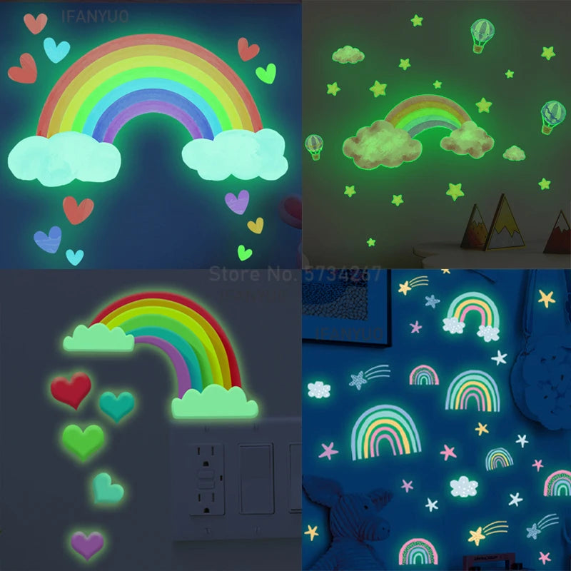 sticker mural lumineux arc ciel nuages étoiles enfants décoration chambre école coeurs rouge vert