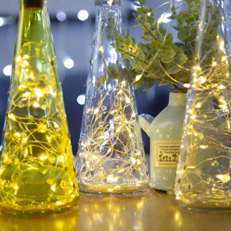 guirlande lumineuse fil cuivre bouchon liège décoration bouteille vin fête mariage lumière led blanche