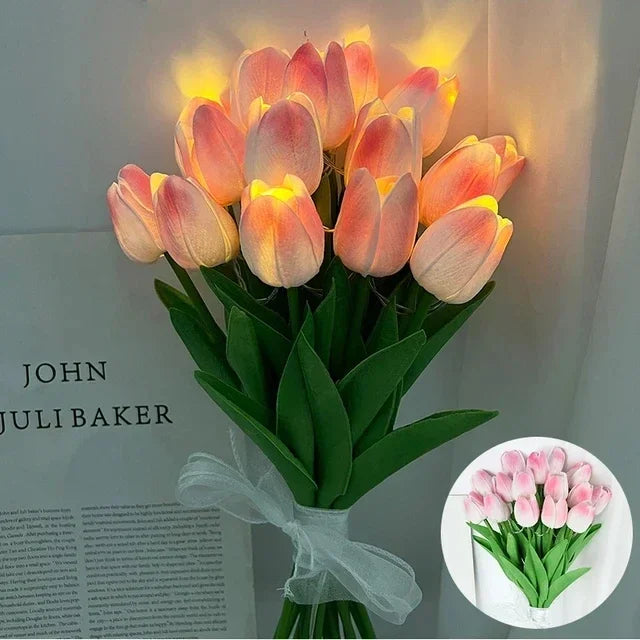 bouquet tulipes artificielles jaune blanc rose decoration intérieure nuit lumière cadeau anniversaire mariage