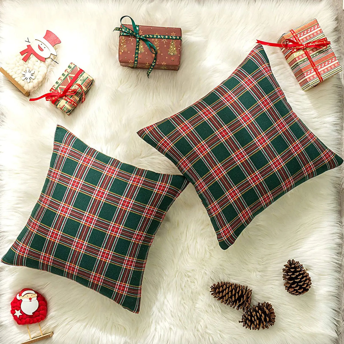 décoration intérieure coussin carreaux écossais vert rouge blanc traditionnels 45x45cm farmhouse