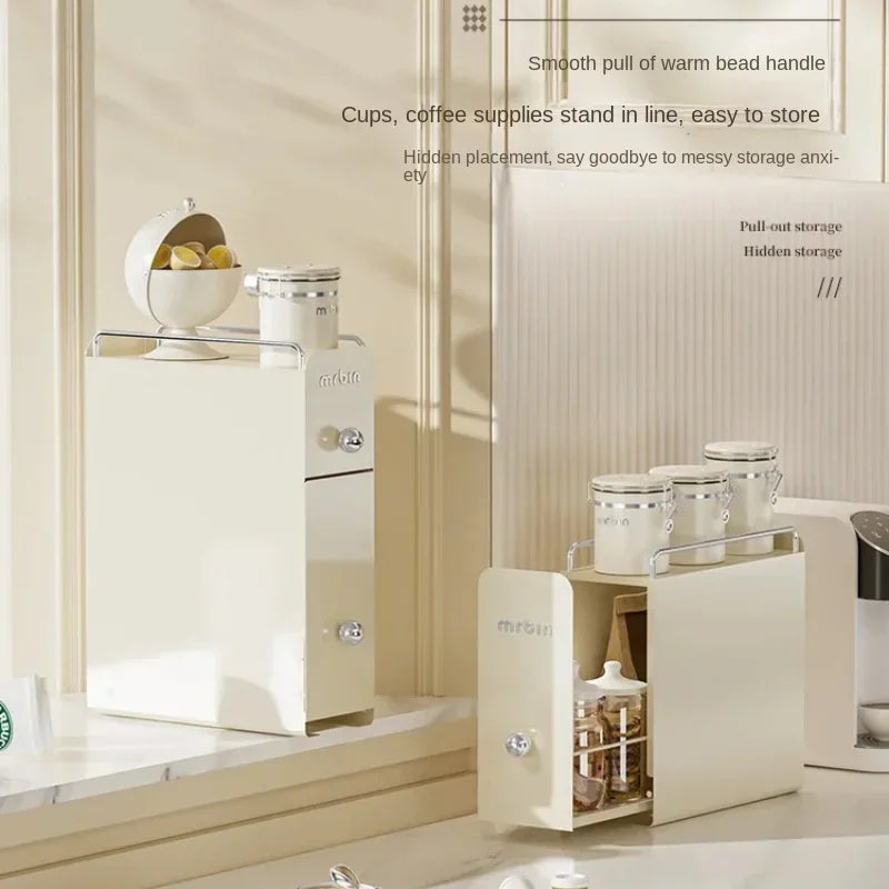 rangement cuisine tiroirs boîtes organisation blanc crème étagères métal moderne rétro tasses capsules thé