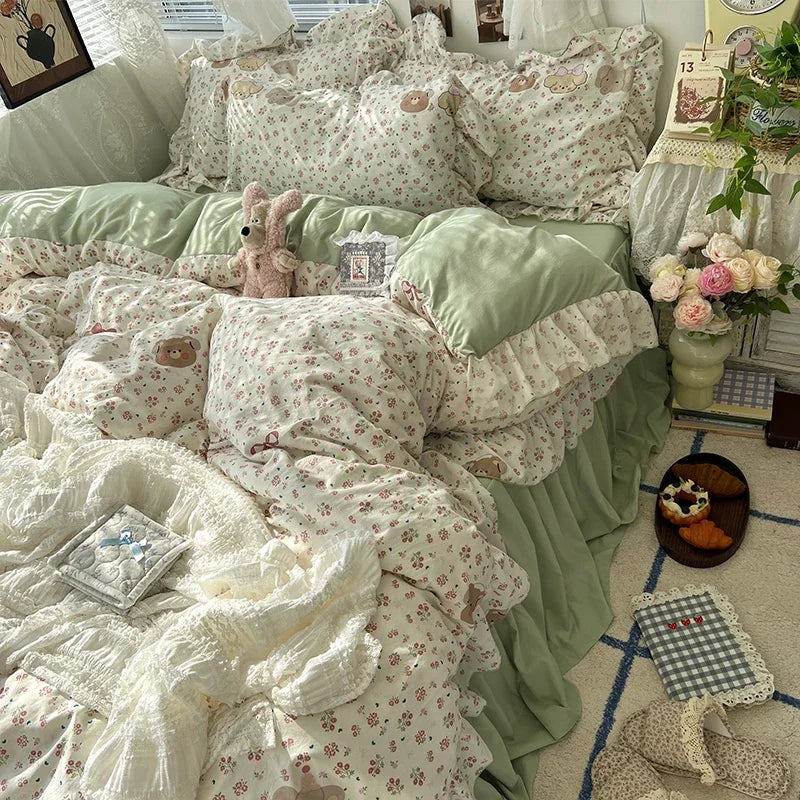 parure lit complète fleurs vintage princesse housse couette drap taies oreillers