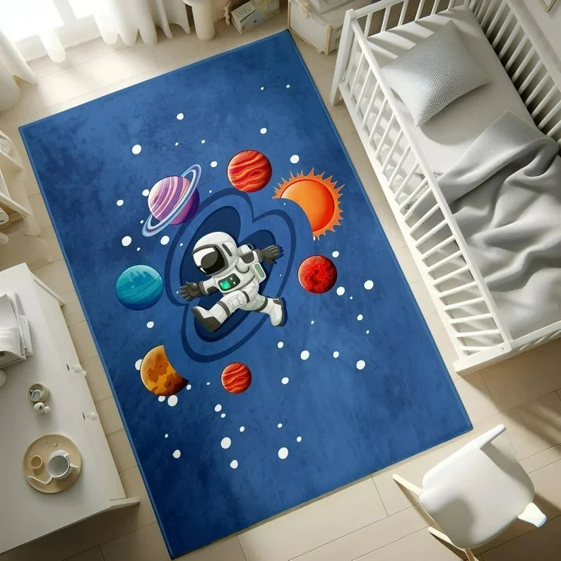 tapis dessin animé planètes astronautes enfants moderne bleu rouge orange chambre salonextérieur commercialisation