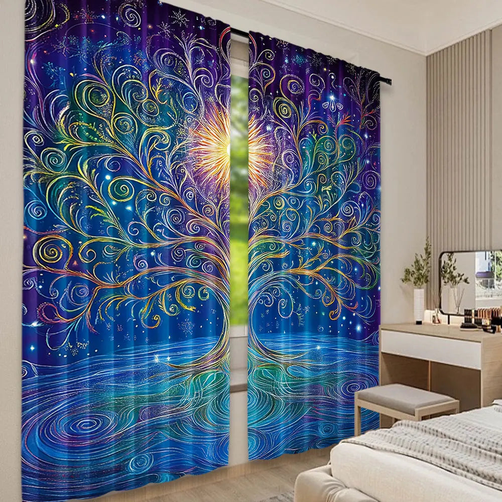 rideau moderne arbre stylisé branches ondulées fond galactique étoiles polyester bleu violet jaune vert
