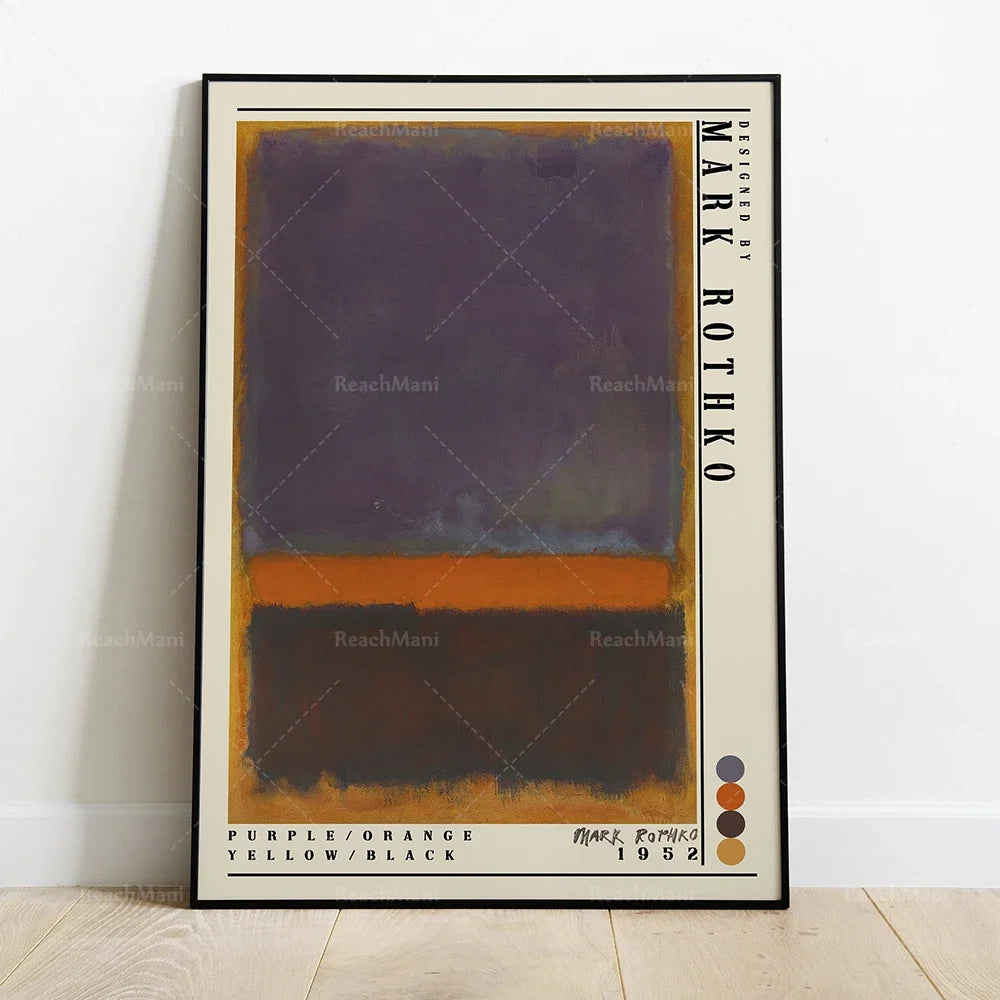 L'image est une œuvre d'art abstraite avec des formes géométriques en pourpre, orange, jaune et noir. Elle met en valeur les contrastes de couleurs et de textures, créant une composition minimaliste et élégante.