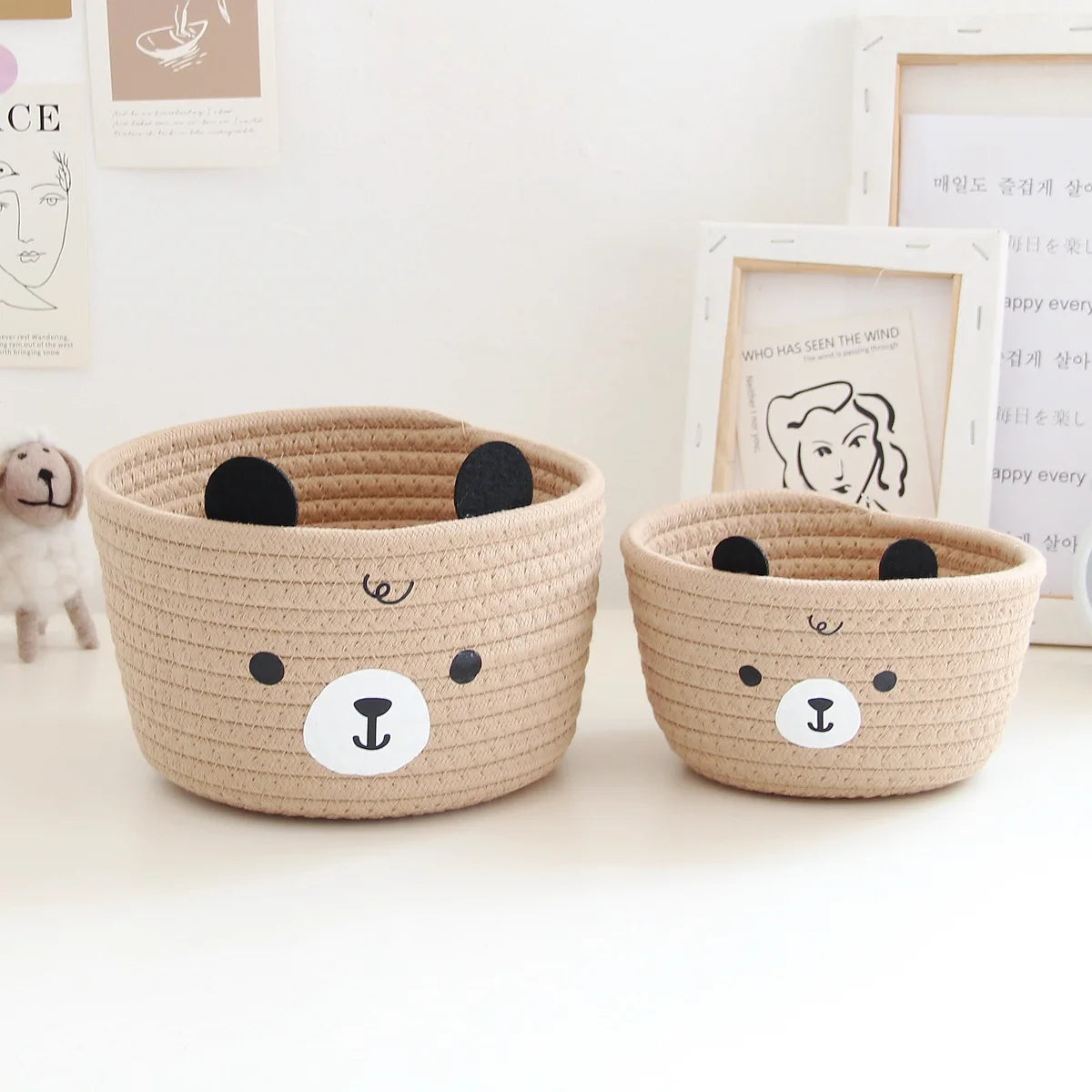 panier rangement tissu motif ours décoratif chambre enfant petit coffre bois blanc
