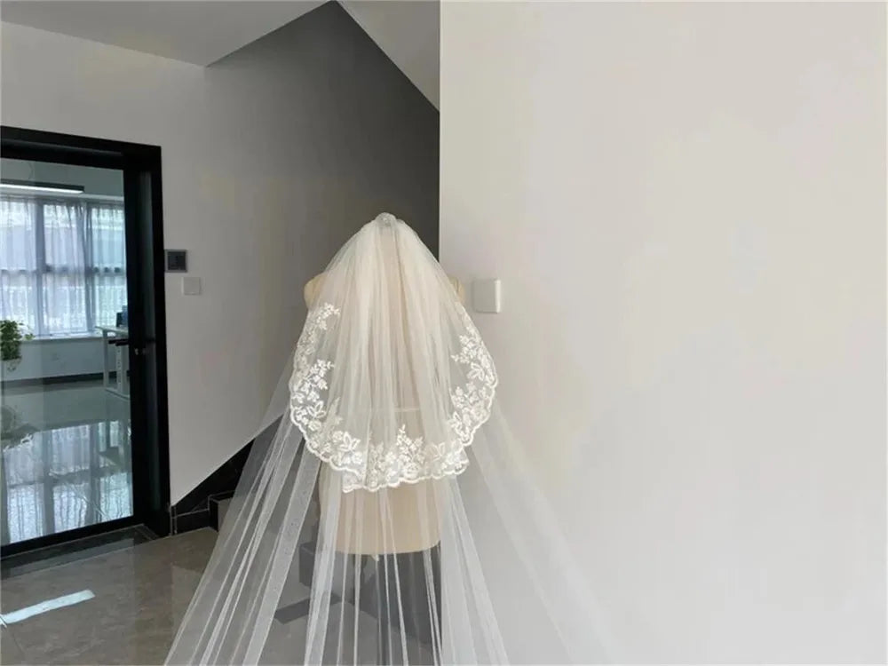 voile mariée blanc broderie florale deux couches dentelle translucide classique femme