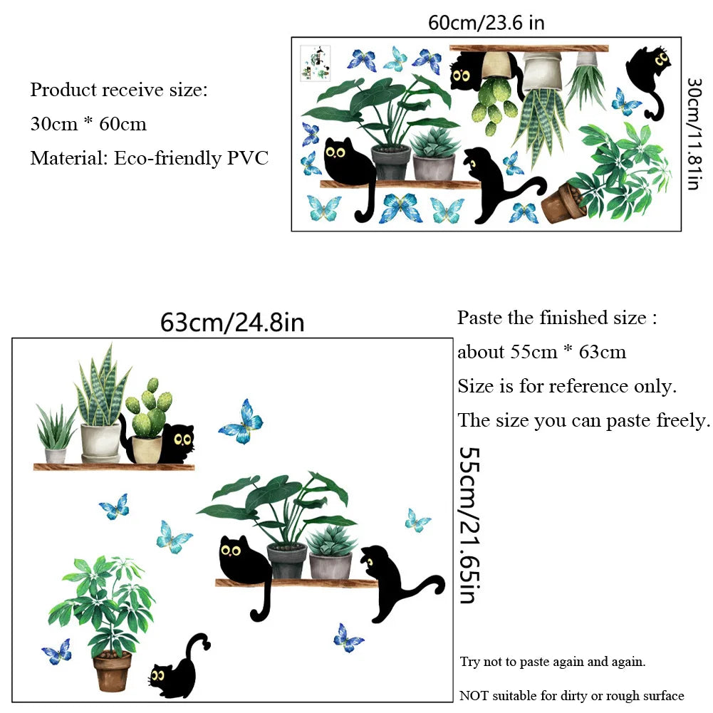 Stickers muraux chat noir plante verte papillon bleu adhésifs illustration moderneintérieur salon cuisine