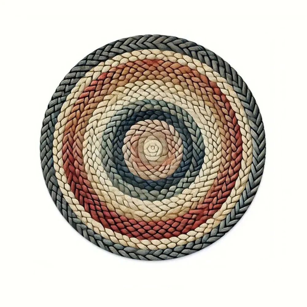 tapis table tissé artisanal spirale concentrique bleu marine beige rouge hiver noël rustique