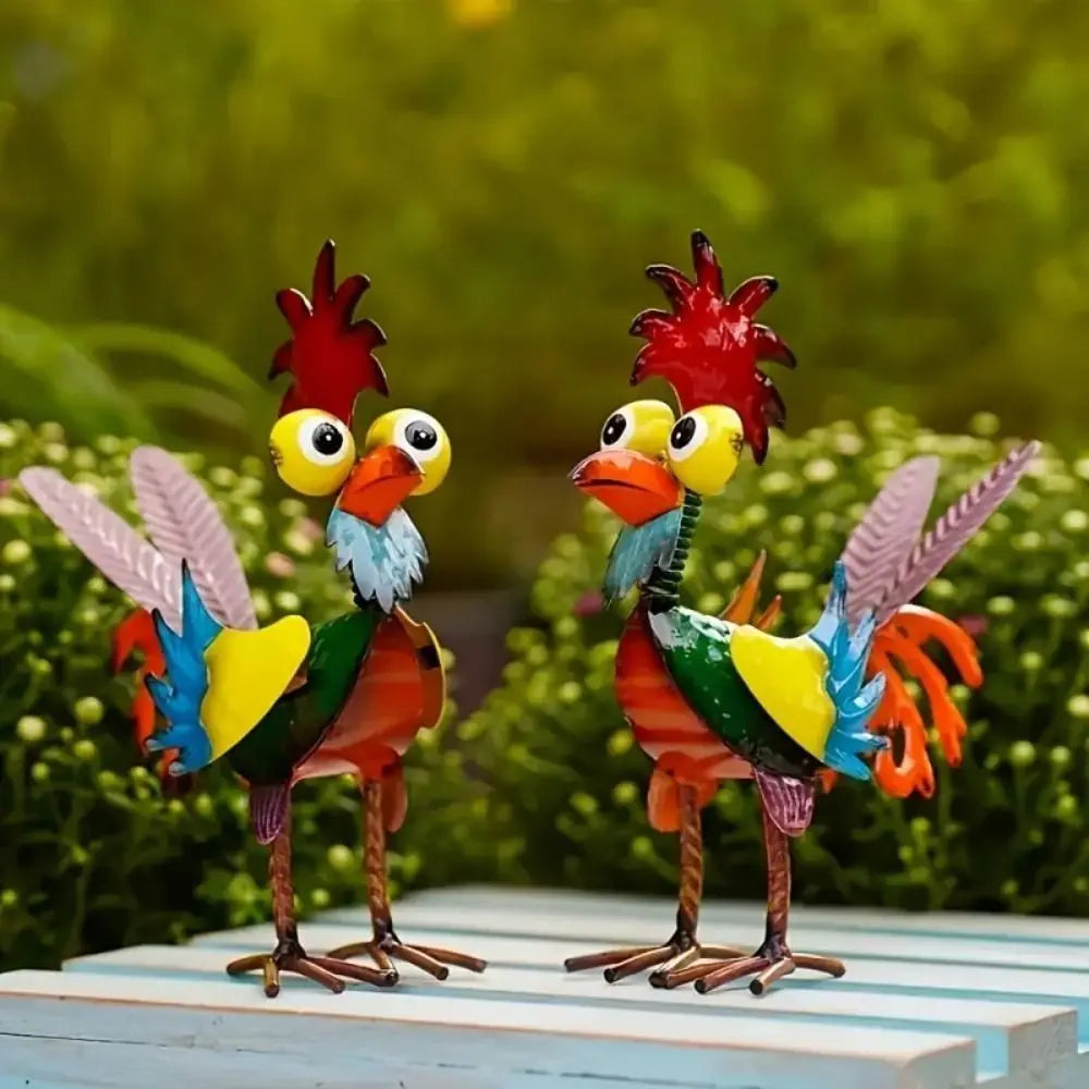 statuettes coq couleur rouge jaune vert orange bleu violet plumes décoratives champêtre rustic