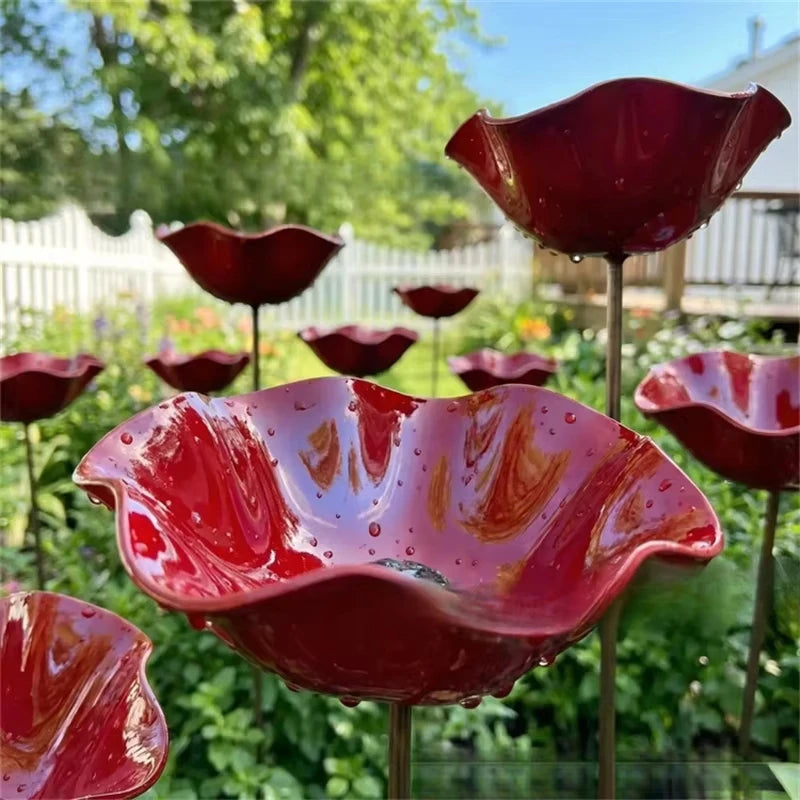 bouleau métallique moderne fleurs stylisées abreuvoir oiseaux bain abeilles décoration jardin rouge vert bleu