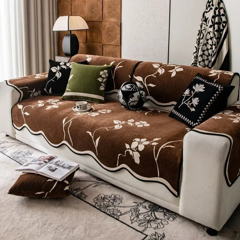 housse canapé chenille fleurs beige marron noir vert salon coussin décoratif moderne antidérapant universel