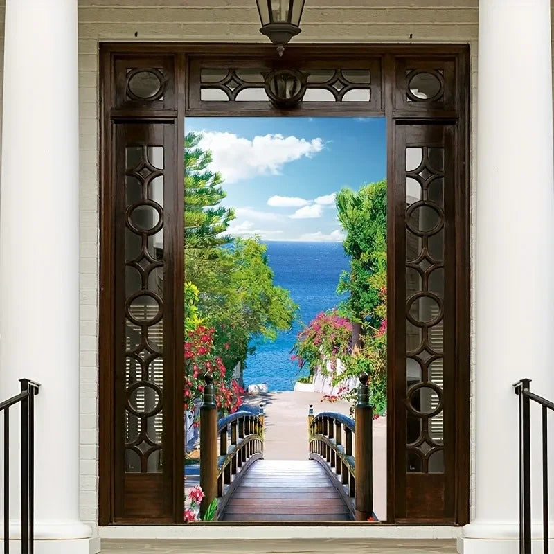 décoration murale paysage marin pont escalier multicolore opaque 90x180cm festive autocollant trous corde