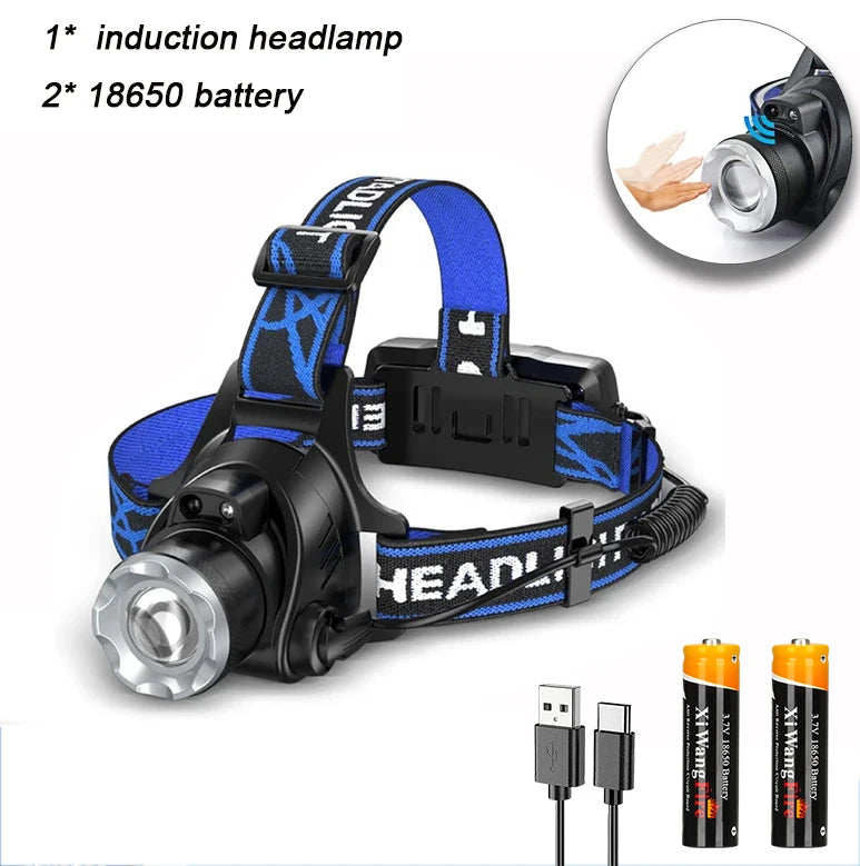 lampe frontale led noir bleu rayures diagonales modes ip64 waterproof adjustable