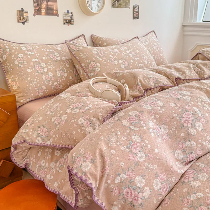 drap housse coton floral vintage motif fleuri couverture lit taies oreillers beige clair 180x220cm