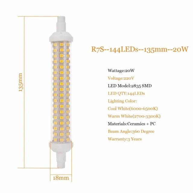 Ampoule LED R7S 220V 10W 15W 20W blanc moderne sans scintillement 80000h