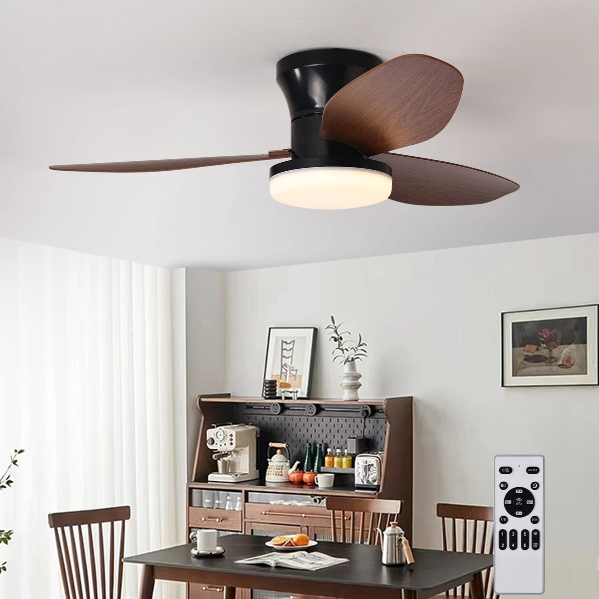 ventilateur led lumière télécommande noir blanc bois moderne traditionnel assemblage