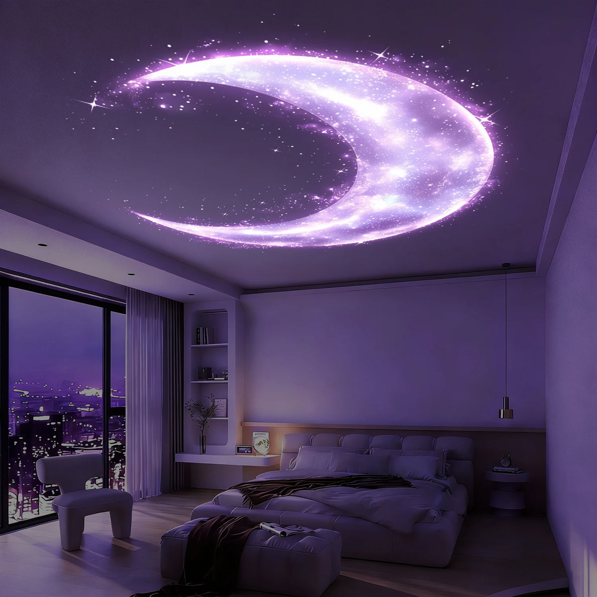 projecteur lumineux lune violet bleu orange blanc cœur planètes étoiles chambre coucher
