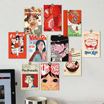 cartes postales pop art personnages japonais textes illustrations nourriture clips bois rouge blanc noir