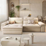 canapé d'angle moderne beige clair coussins doux bois chêne meuble salon minimaliste