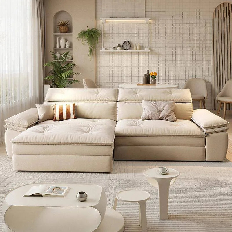 canapé d'angle moderne beige clair coussins doux bois chêne meuble salon minimaliste