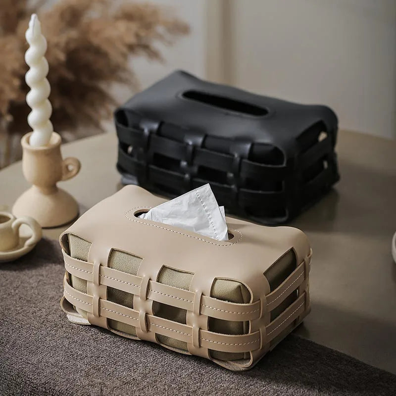 boîte mouchoirs tissé cuir moderne minimaliste beige noir vert olive amovible organisateur contemporain