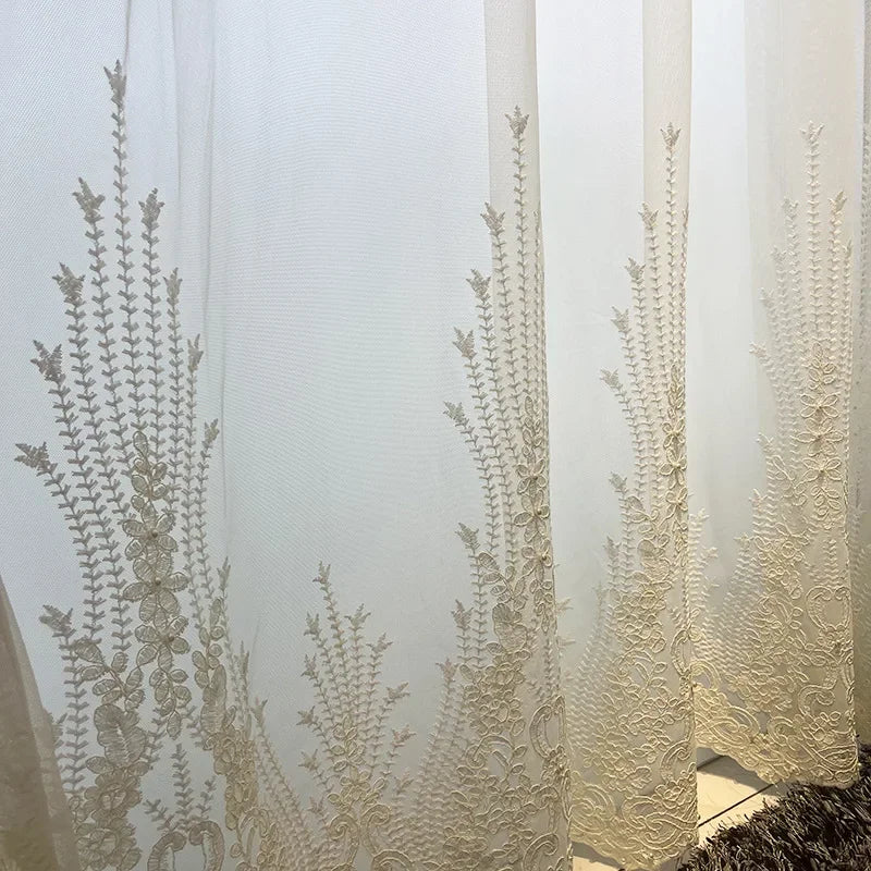 rideau tulle blanc transparent broderie florale classique salon chambre fenêtre maison