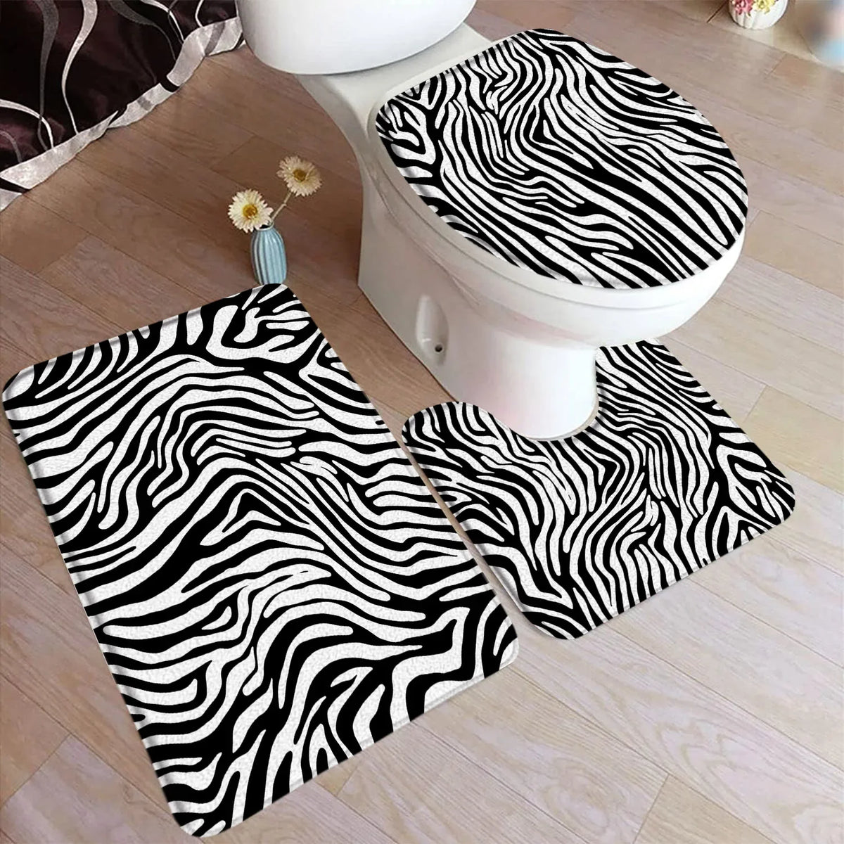tapis bain moderne ensemble noir blanc adhésif tapis sol couvercle toilette minimaliste respectueux environnement