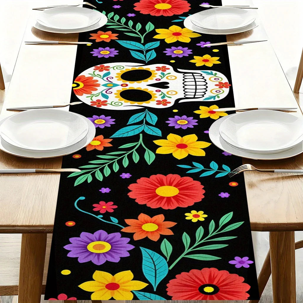 table table motif crânes fleurs colorées festif moderne noir rouge jaune violet vert